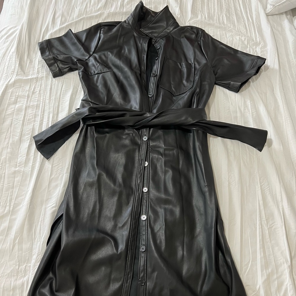 Black Faux Leather Button Midi Dress